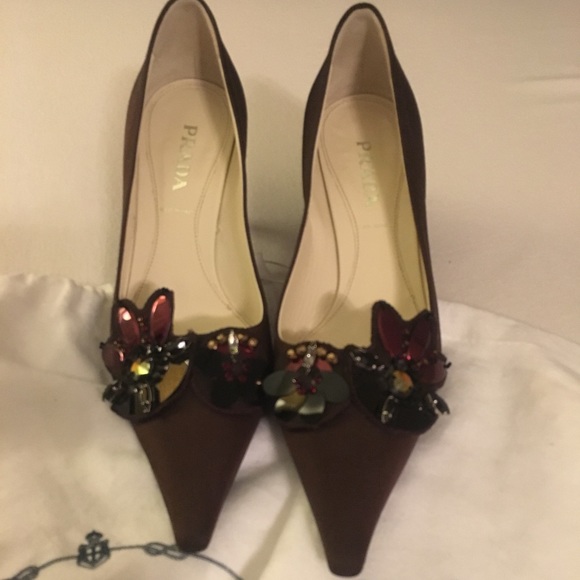 Prada Italy Chocolate Brown Jeweled Satin Pumps - Picture 3 of 6